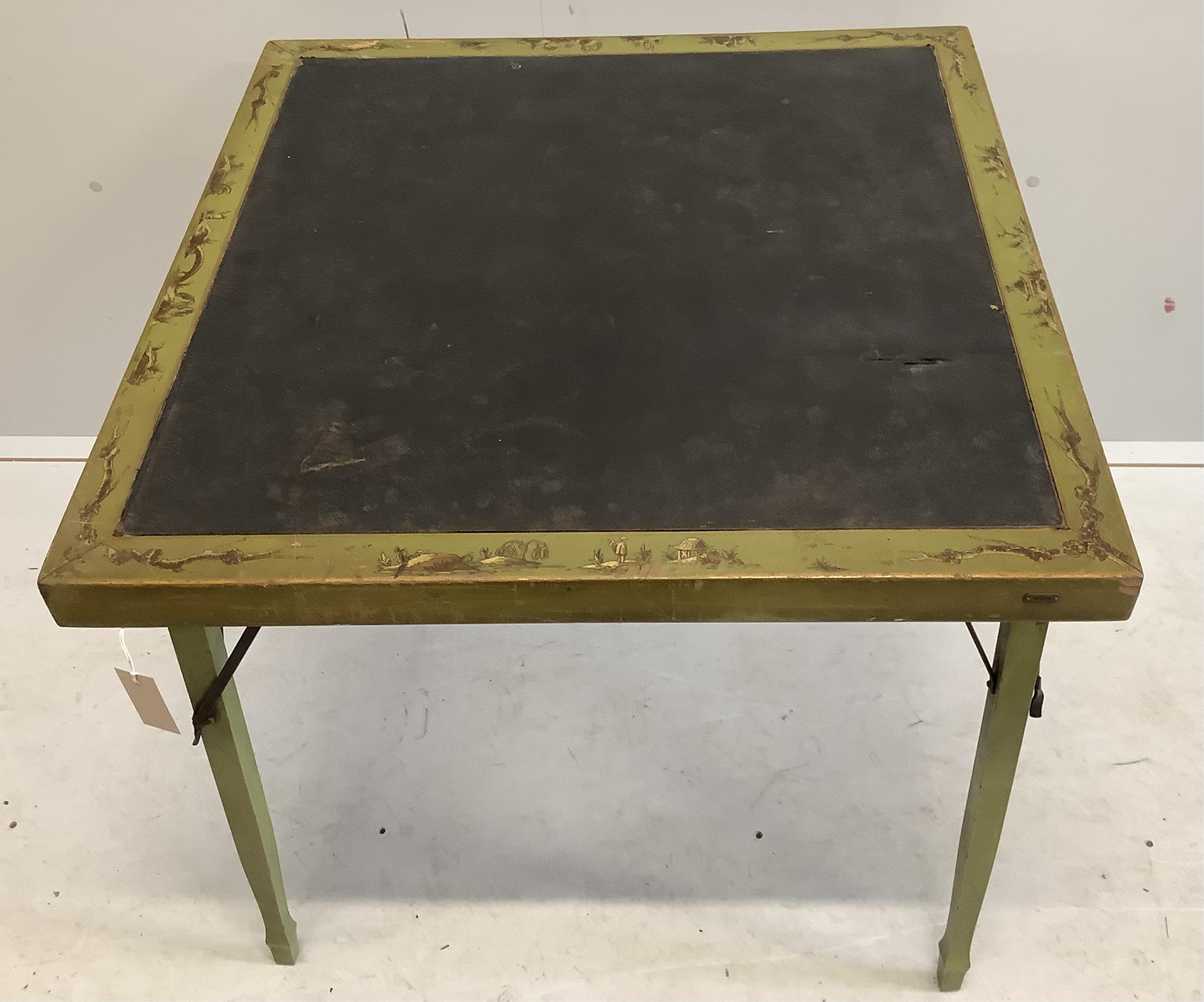 An early 20th century chinoiserie lacquer folding card table, width 76cm, depth 76cm, height 70cm. Condition - poor to fair